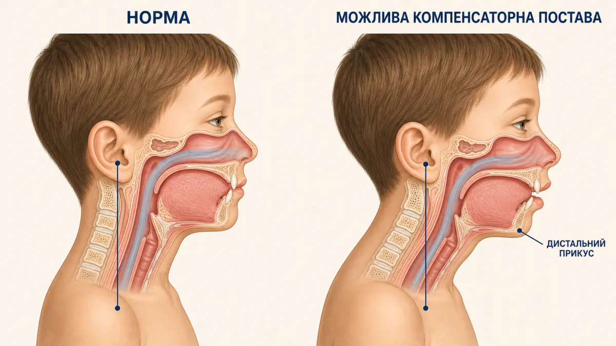Дистальний прикус у дитини: нижня щелепа зміщена назад, голова висунута вперед