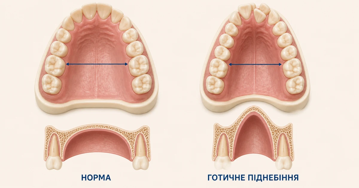 Готичне піднебіння у дитини порівняно з нормальним: вузька V-подібна щелепа
