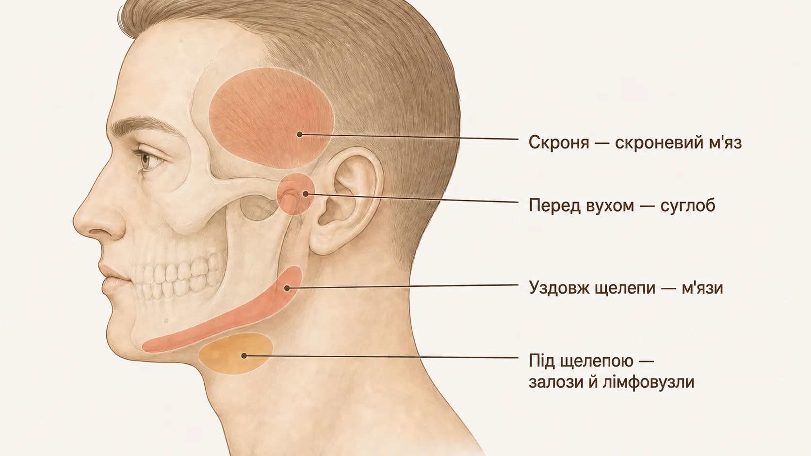 Зони болю в щелепі: перед вухом суглоб, у скроні скроневий м'яз, уздовж щелепи м'язи, під щелепою залози й лімфовузли