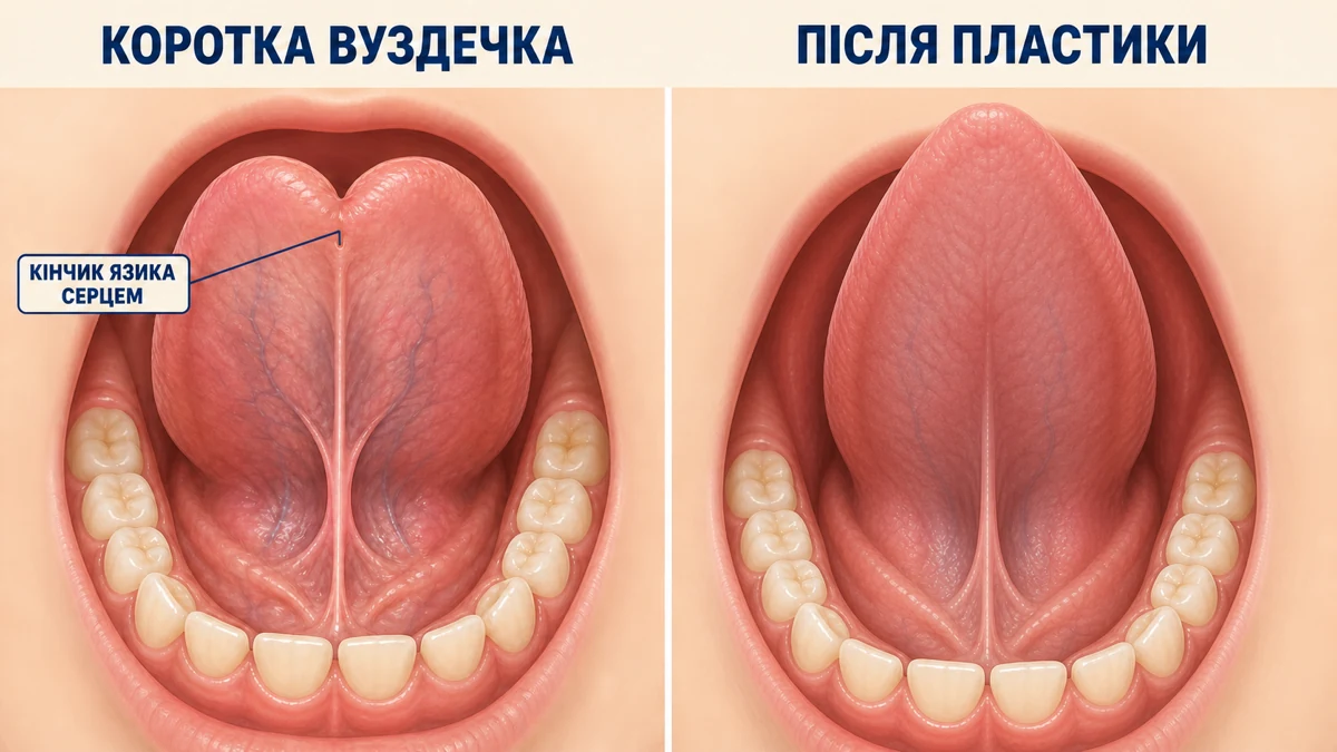 Коротка вуздечка язика у дитини порівняно зі станом після пластики