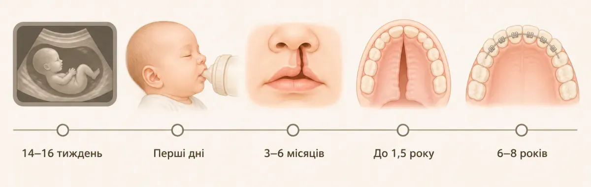 Шкала етапів лікування розщілини за віком дитини: УЗД 14-16 тижнів, хейлопластика 3-6 місяців, уранопластика до 1,5 року, ортодонтія 6-8 років